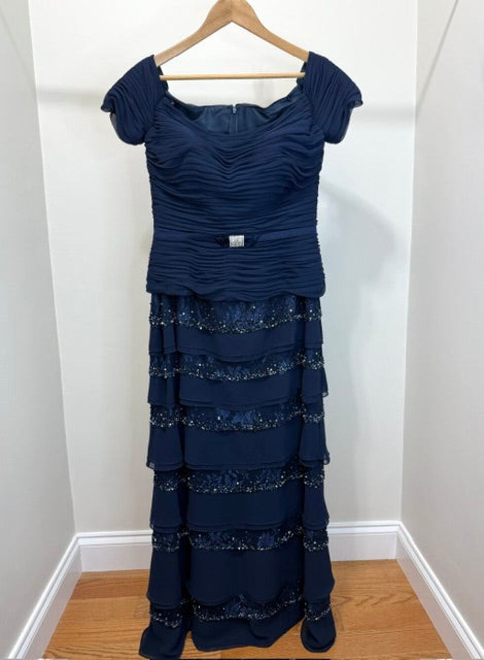 Daymor Couture Formal Gown Navy Ruched Bodice & Beaded Tiered Skirt Sz8